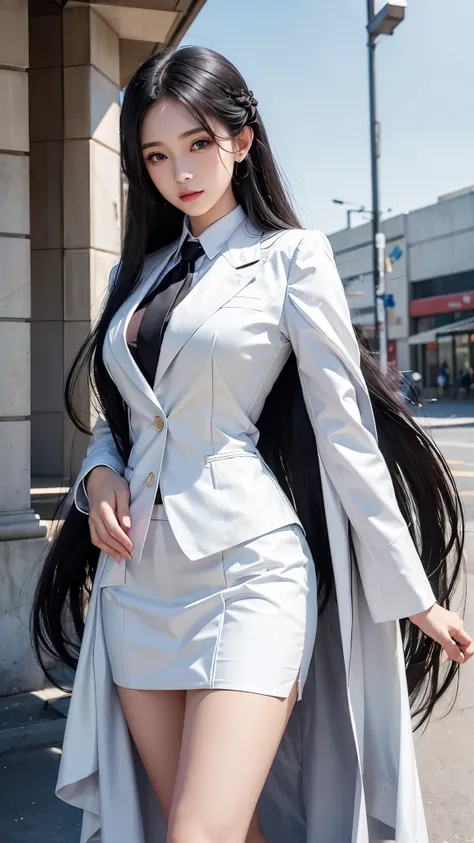 woman, กระโปรงสั้นwhite, คลุมเสื้อsuitwhite, skirt only, (สาวสวยTwo meter long hair, my hair is very long., extra long hair, long black hair), (suitสไตล์อิตาลี, suitสองปุ่ม), (Italian suit, white suit, Set of two buttons), (ใส่suitwoman, Business woman&#39...