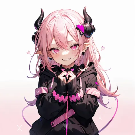 ((((jagged　open your mouth　grin　pink background　shining heart　front))))　(((black hoodie　wearing a hood　demon horns　heart iris　cl...