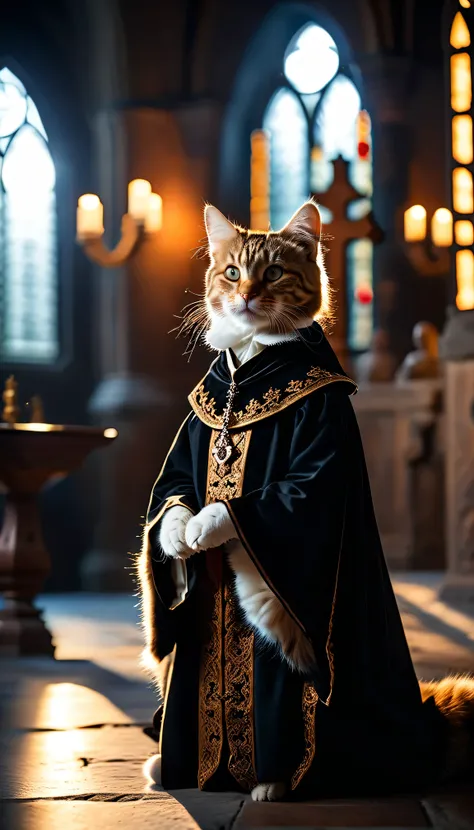 cinematic photo a detailed Award-winning photo, Cat dressed as a priest, Realistic fur, Inside the chapel、Inside the chapelで立っている、 High quality photos, 3-point lighting, flash with softbox, 4K, Canon EOS R3, High resolution, Smooth, Sharp focus, High resol...