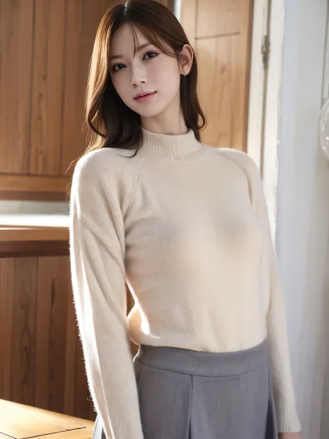 1woman, solo, close up, slender, (( sweater and long elegant shallw colored skirt)) ,((soft smiling)), (best quality,8k,highres,...