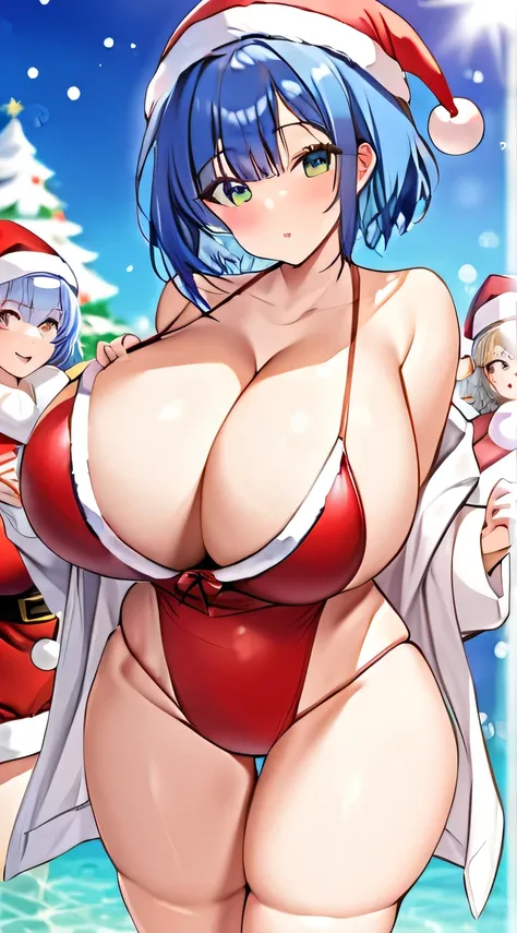 Santa costume,Swimwear,Big Breasts,Multiple births,Blue Hair,Bobcut