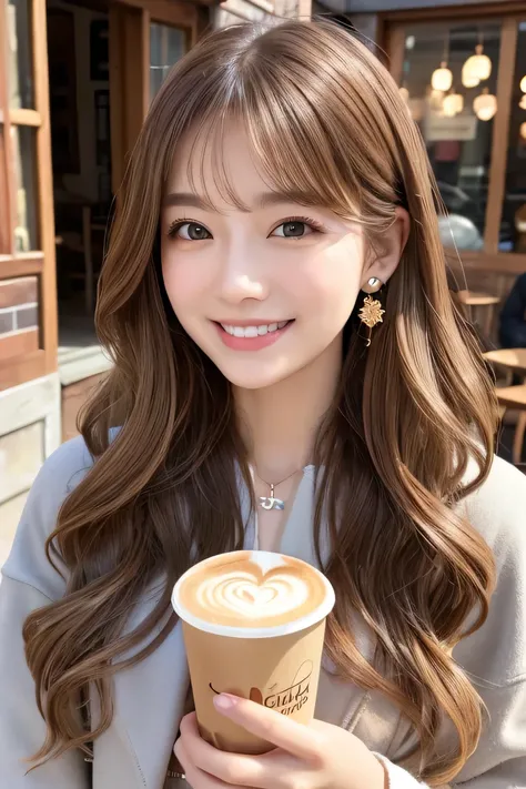 Light brown hair、Clear beauty、、Wavy Hair、hairstyle semi long、coat、Ear piercing、、smile、Beautiful teeth alignment、Intricate details, Very detailed:1.2), 、 Looking into the camera、The background is a coffee shop

