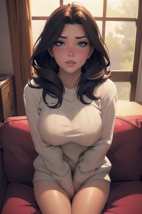 Sexy woman, perfect hair, amazing makeup, seductive gaze, blushing intensely, ready to kiss, long oversized sweater, sitting comfortably on couch, window, natural light beaming through window, beautiful face, seductively gazing at us, very seductively prov...