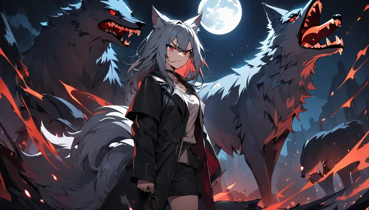 ((Wolf Girl)), ((Wolf)), Black Coat, ((Red Eyes)), ((Possessive)), ((Long Tail)), Angry, Scars, Night, Moon, HD, High Resolution, 4K