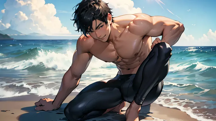 Handsome Japanese male models 　　　Short cut　　　　Slim figure　　barefoot　　smile　looking at the camera　　　　soaked　Ocean　Black tight long leggings　Bulge　　Topless　Close-up