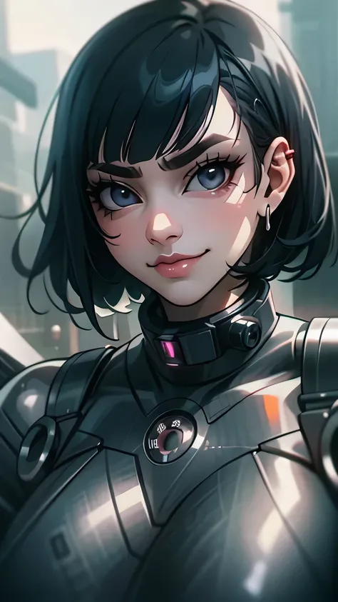 black hair, longeyelashes, solid circle eyes, light smile, ccurate, straitjacket, chains, collar, beautiful face, ultra high resnatural light, shiny skin, detailed skin, detailed face, beautiful lady, 1 sexy cyborg girl embedded in machinery, Surrealism, d...