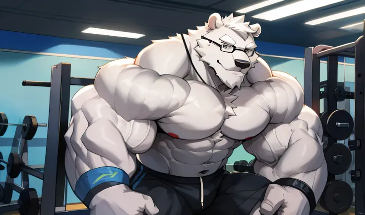 solo, 1boy, Huge Muscular White Polar Bear wearing glasses, huge white fur, pectoral, huge pectoral, wide pectoral, short white hair, blue colored short pants, blue colored wristbands and shirtless and topless, white bearded, white Mustache, white fur, gre...