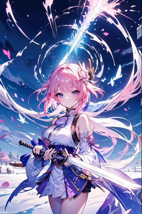 extremely details, perfect, aerial view, like a work of art, anime girl holding an ice and snow sword, pink hair and long purple...