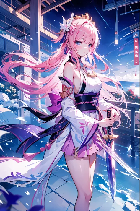 extremely details, perfect, Aerial view, like a work of art, anime girl holding an ice and snow sword, pink hair and long purple skirt complement each other, looking at the distant Ayaka Genshin, taking us to the world of Genshin.