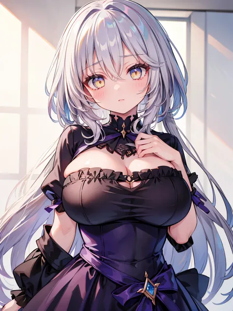 1girl, huge breast, silver hair, yellow eyes, high quality, ultra detailed, masterpiece, realistic