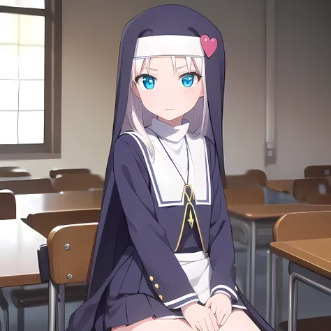 mariatakayama, maria takayama, long hair, blue eyes, fang, aqua eyes,
BREAK jewelry, heart, necklace, nun, habit, white short skirt
BREAK indoors, classroom, seated on desk
BREAK (masterpiece:1.2), best quality, high resolution, unity 8k wallpaper, (illust...