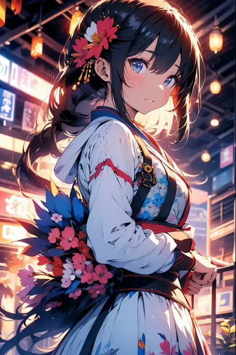 best qualityer, Cao Cao_resolution, distinct_imageio, detailed back ground ,Kizi, Hanbok,flowers,Garden,moonligh, natta,dutch angle, wide plan, tails, 