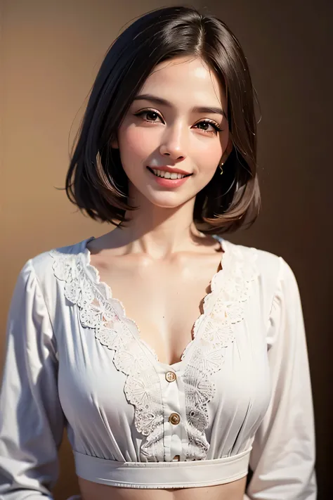 ((masterpiece)), ((Highest quality)), ((Complex)), ((Surreal)), (Realistic), (Mature Woman), ((There are no classes)), Very detailed, (1 female), Beautiful and exquisite, (Beautiful Teeth), Grin, Brunette Bob Hair, Brown eyes, ((blouse)), (Upper Body), (ba...