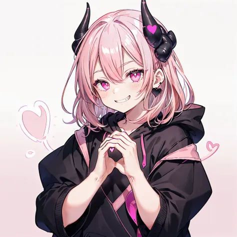 ((((jagged　open your mouth　grin　pink background　shining heart　front))))　(((black hoodie　wearing a hood　demon horns　heart iris　cl...