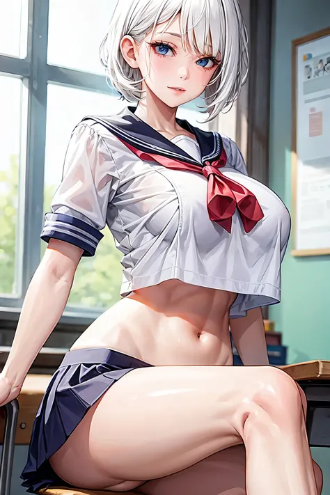 woman, sexy woman, mature female, mommy, white hair, blue eyes, sharp eyes, detailed lips, big breast, short sleeves sailor uniform, sit with cross legs, classroom, evil smiling, seductive lips, adjusting hair, skirt, hunter eyes, look from below, slighty ...