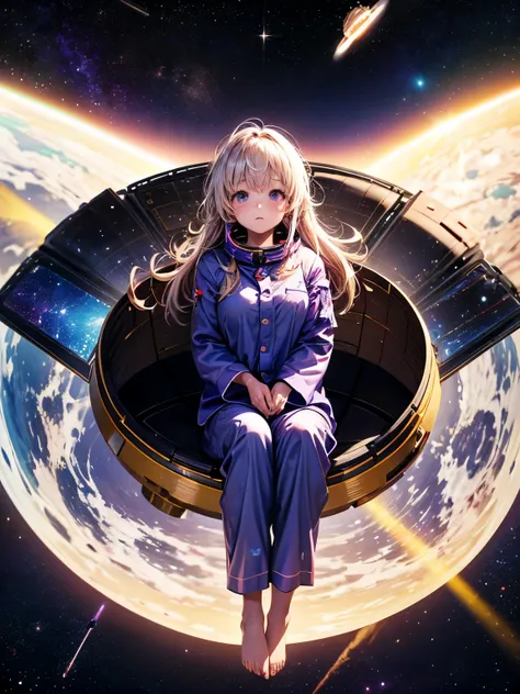 Alfid girl in purple pajamas sitting on a huge white object, Floating in outer space, Floating in space, floating in zero gravity, floating on space, floats in space, girl in space, floating in the universe, Suspended in zero gravity, weightless in space, ...