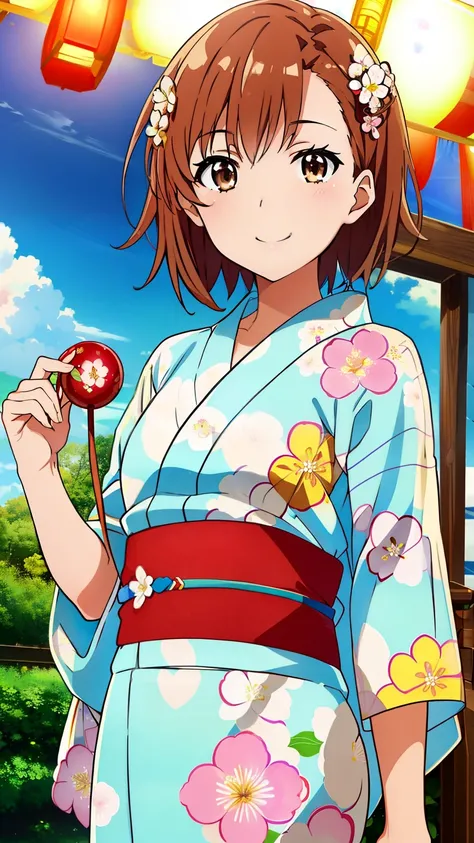 (masterpiece, best quality, 8k:1.2),(anime:1.1), misaka_mikoto, brown hair, short hair, hairpin, small medium breasts, 1girl, (Floral Yukata, Flower Hair Ornaments, smile, Summer festival), cowboy shot, looking at viewer,