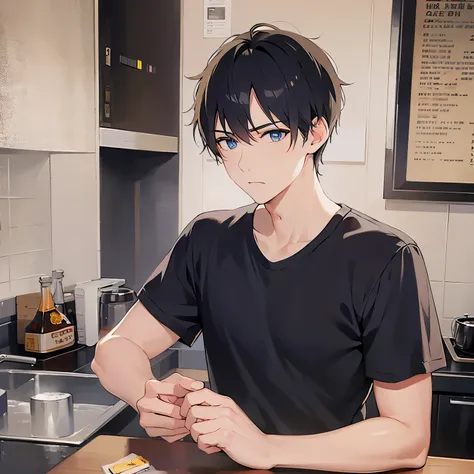 looking away,upper body,Upward glance, shiny skin, masterpiece、Highest quality、(25-year-old male:1.5) and (Black short hair) and (blue eyes)
(black) and (T-Shirts)
The background is the kitchen at night、frown