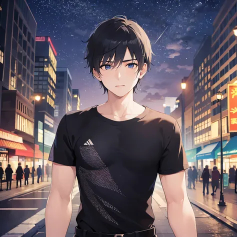 (looking away:1.5),upper body、
shiny skin, masterpiece、Highest quality、(25-year-old male:1.5) and (Black short hair) and (blue eyes)
black shirt ,Walking、
（night park：1.5）、（Night Sky：1.5）