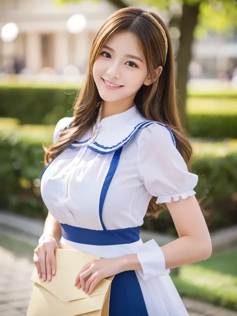 ((Highest quality, 8K, masterpiece: 1.3)), 1 Girl, smile, whole body, Slim face, Beautiful woman, ((Extra long brown hair:1.2))、wearing maid outfit、High heels, Highly detailed face, Fine grain, double eyelid, Blurred Background, Slim face, full figure supe...