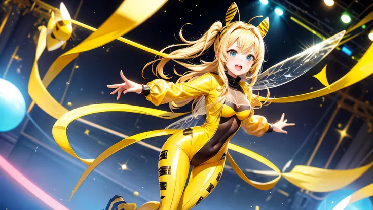 Dressed as a bee, bee bodysuit, na balad, party, blonde, yellow skates, standing