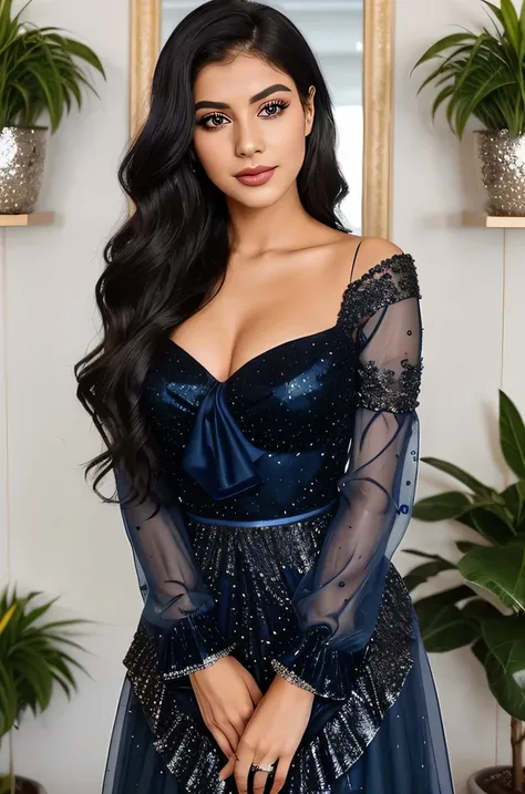 Generate an image of Marina, a 25-year-old modern Indian influencer, in a realistic indoor setting. She is wearing a stunning navy blue gown with a glittering, fitted bodice and sheer, sequined half sleeves. The dress flows into multiple layers of ruffled ...