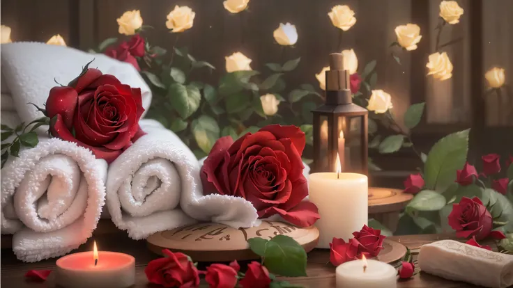 towel, Candles, There are roses on the table, Romantic atmosphere, Romantic Themed, Beautiful atmosphere, Romantic atmosphere, Beautiful atmosphere, Peaceful atmosphere, Romantic atmosphere, Night atmosphere, Dreamy and romantic, Unreal Engine ; Romantic T...