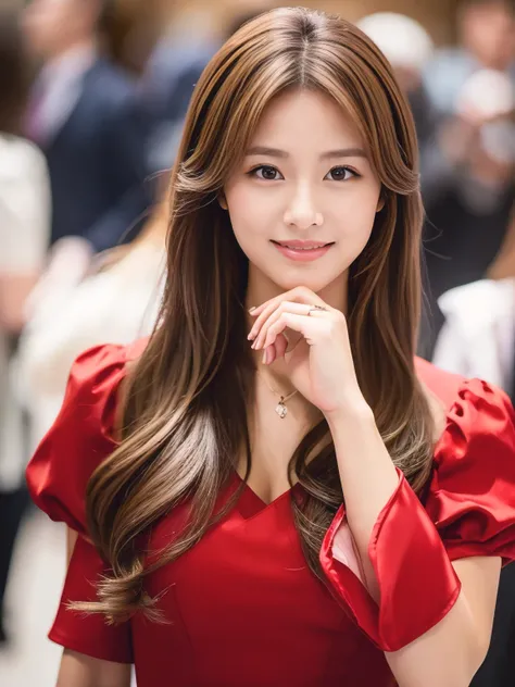 ((Highest quality, 8K, masterpiece: 1.3)), 1 Girl, smile, whole body, Slim face, Beautiful woman, ((Extra long brown hair:1.2))、wearing so pretty red maid outfit、High heels, Highly detailed face, Fine grain, double eyelid, Blurred Background, Slim face, fu...