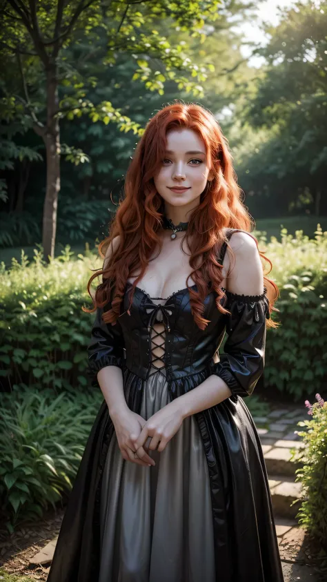 A 25-year-old realistic witch woman with curly red hair and a slight smile stands in a magical, enchanted garden under soft natural light
