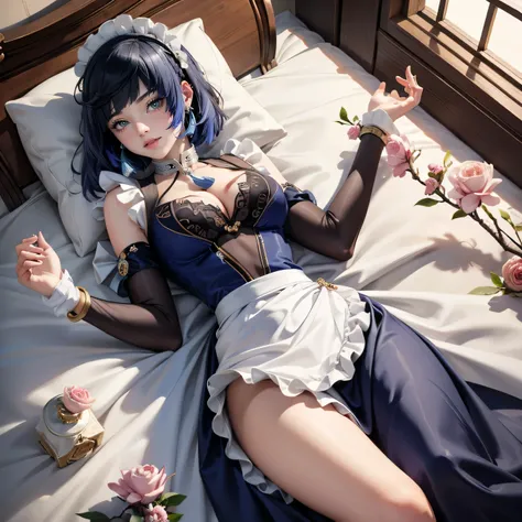 1girl, short hair, navy hair, flowing hair, floating hair, ornament hair, perfectly body, perfectly hands, white rose on hair, maid, navy maid dress, maid headdress, maid apron, white apron, white apron, frills, white headdress, on the bedroom, petals in t...