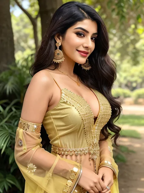 "Generate an image of Marina, a 25-year-old modern Indian influencer, in a realistic outdoor setting. She is wearing a mustard yellow kurti with intricate gold embroidery along the neckline and sleeve cuffs. The kurti has a deep V-neckline, emphasizing her...