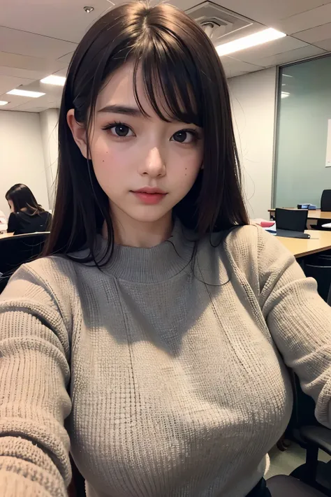 (Highest quality, 8K, 32k, masterpiece, Ultra-high resolution:1.2), Cute Japanese Girl, (Huge breasts:1.0), Long black hair, Fuller lips,Natural Makeup,

officeレディー,Sit on a chair,(Black sweater), (company、office),Upper body close-up、

