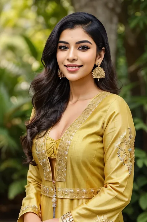 "Generate an image of Marina, a 25-year-old modern Indian influencer, in a realistic outdoor setting. She is wearing a mustard yellow kurti with intricate gold embroidery along the neckline and sleeve cuffs. The kurti has a deep V-neckline, emphasizing her...