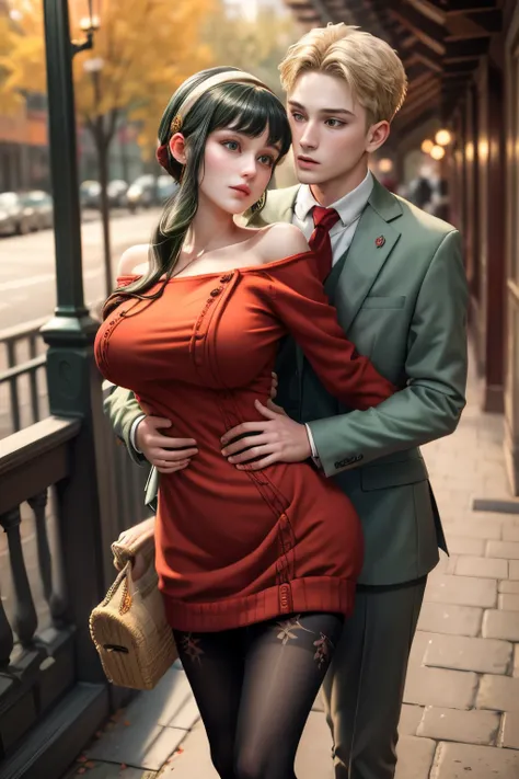 (masterpiece, best quality:1.2), high resolution, intricate details, extremely detailed, realistic and sharp details, (full body), hetero, couple, (1girl, hairband, off shoulder red sweater minidress, pantyhose), (1boy wearing light green business suit), (...