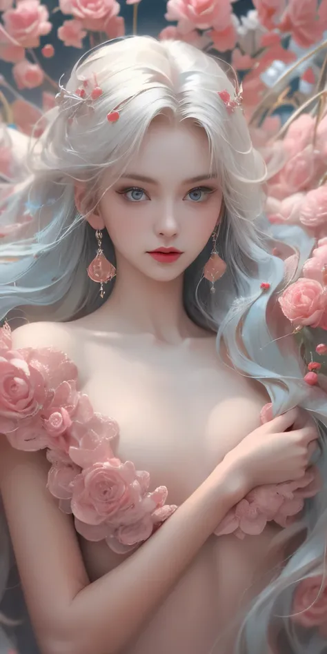 Light blue and red color scheme， nipple，little body，，White curly hair, high detail, best quality, supper detail, detail eyes, 5/6 body, pink pussy, sleeping