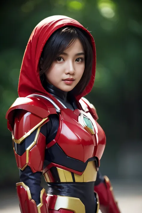 Malay girl , modern red hijab, red lips, open chest, shy, medium portrait shot , watery eyes , glowing particles, wear red Kamen Rider Ark suit, light bokeh background, proportional body,