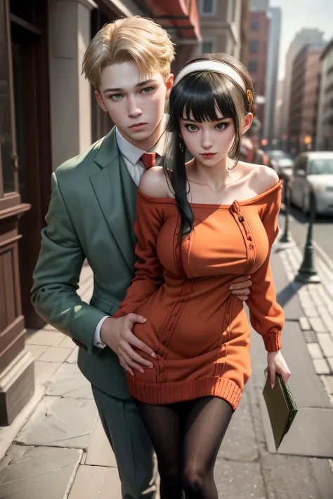 (masterpiece, best quality:1.2), high resolution, intricate details, extremely detailed, realistic and sharp details, (full body), hetero, couple, (1girl, hairband, off shoulder red sweater minidress, pantyhose), (1boy wearing light green business suit), (...