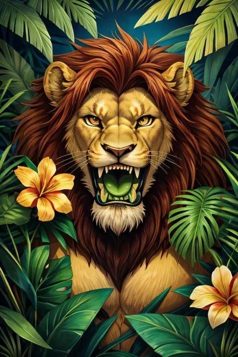 Male lion roaring in the middle of a tropical jungle with foliage and many flowers around, showing his green tongue and sharp teeth and with moths in his hair, music album cover style