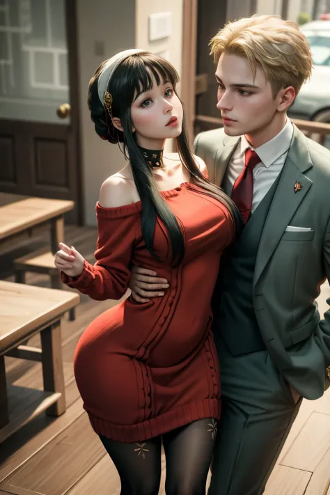 (masterpiece, best quality:1.2), high resolution, intricate details, extremely detailed, realistic and sharp details, (full body), hetero, couple, (1girl, hairband, off shoulder red sweater minidress, pantyhose), (1boy wearing light green business suit), (...