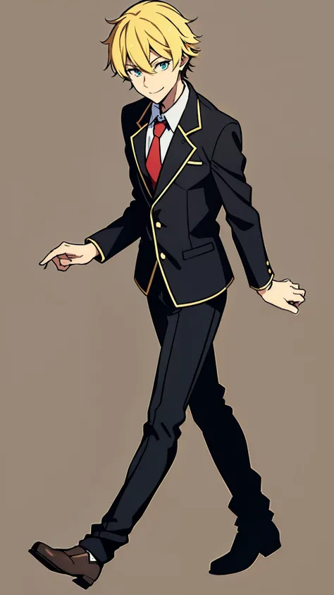 1boy,18s,short hair,blonde hair,smile,solo,(no background, simple background),red necktie,black jacket, blazer,long sleeves,pants,upper body,walking,spiralwash eyes