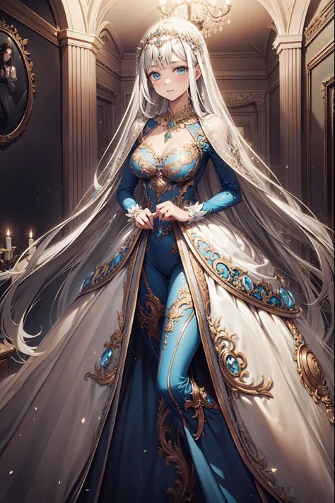 (best quality,4K,8K,high resolution,masterpiece:1.2),Extremely detailed,milf,,magic,enchanting,joy,Holy,magical effect,Silver hair,Blue eyes,Banquet Dress,Exquisite decoration,A small amount of sky blue cloth,Exquisite clothing,Layered Skirt,detailed lace,...