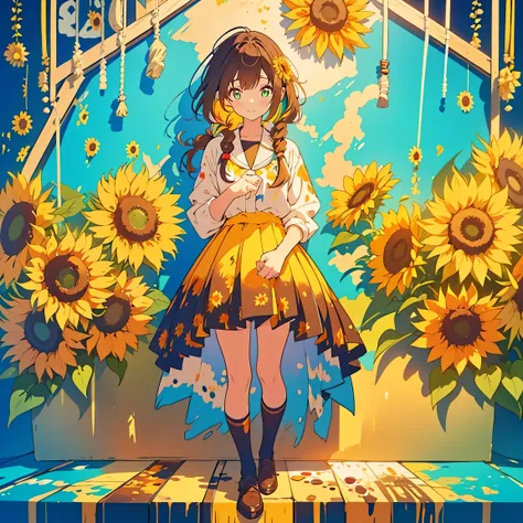 kawaii, anime, Cute, hyper quality, highly detailed, 16k, Front facing, Clarity, full body, one twenty year old woman, stain the whole thing with colorful ink, long brown hair, green eyes, paint color, countless sunflowers, surrounded by sunflowers, Trappe...