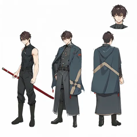 [ anime boy with brown hair and brown eyes wearing a black german military uniform ], sci fi soldier uniform, cyberpunk helmet, (((anime character sheet))), crimsom korean sword, (character design, gravity rush inspired, kantai collection style, inspired b...