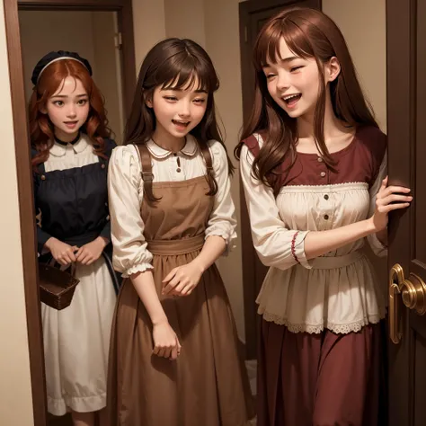 A servant girl , about 17 years old , brown hair and bangs scaring and jokingly laughing at his maid friend of about 19 years old with reddish hair without bangs , outside the room