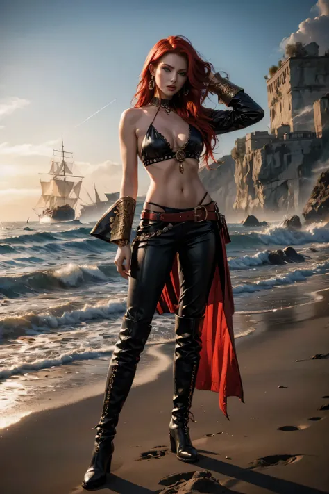 full body A woman with red hair and emerald eyes. She has an hourglass shape and poses dramatically. He wears a flowing white pirate shirt that sits low on his shoulders. His pants are leather and tight, with a seam on the side of the leg. He wears tall le...