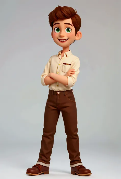 cute young man brown hair and eyes, big smile, happy, green button-down shirt, brown jeans and shoes, high quality, detailed, full body, arms crossed with attitude, medium shot photo, ultra white background, pixar style