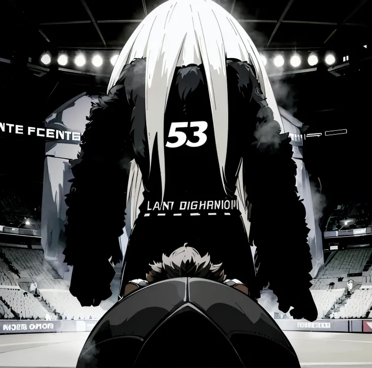 Soccer goalie with level 10  black aura, tall, (large mammoth in background), long white hair, (dark brown skin), black and white soccer jersey, goalkeeper gloves