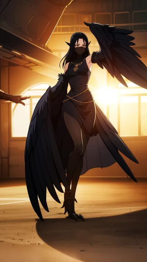 1woman,mature female,40s,sensual,black dress,black hair,pointy ears,harpy,wings,no arms,black mouth veil,((in a arena of battle,...