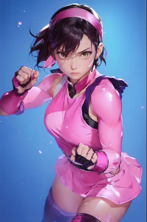 anime girl with a pink headband and a pink top, female protagonist 👀 :8, she is ready to fight, makoto, female protagonist, portrait of chun - li, muscular sweat lara croft, fighter pose, fight pose, makoto shinka, in a fighting stance, fighting pose, bada...