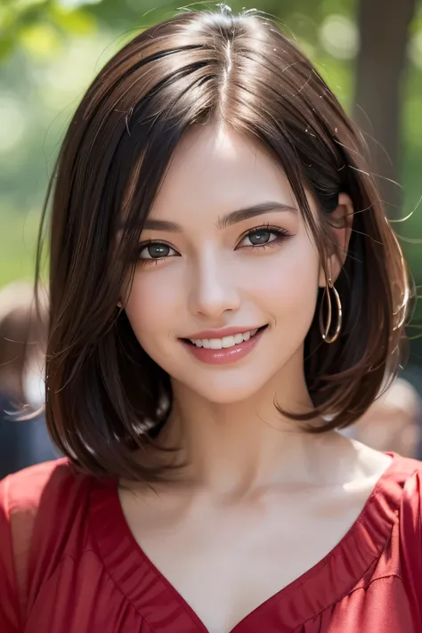 ((masterpiece)), ((Highest quality)), ((Complex)), ((Surreal)), (Realistic), (Mature Woman), ((There are no classes)), Very detailed, (1 female), Beautiful and exquisite, (Beautiful Teeth), Grin, Brunette Bob Hair, Brown eyes, ((blouse)), (Upper Body), (ba...